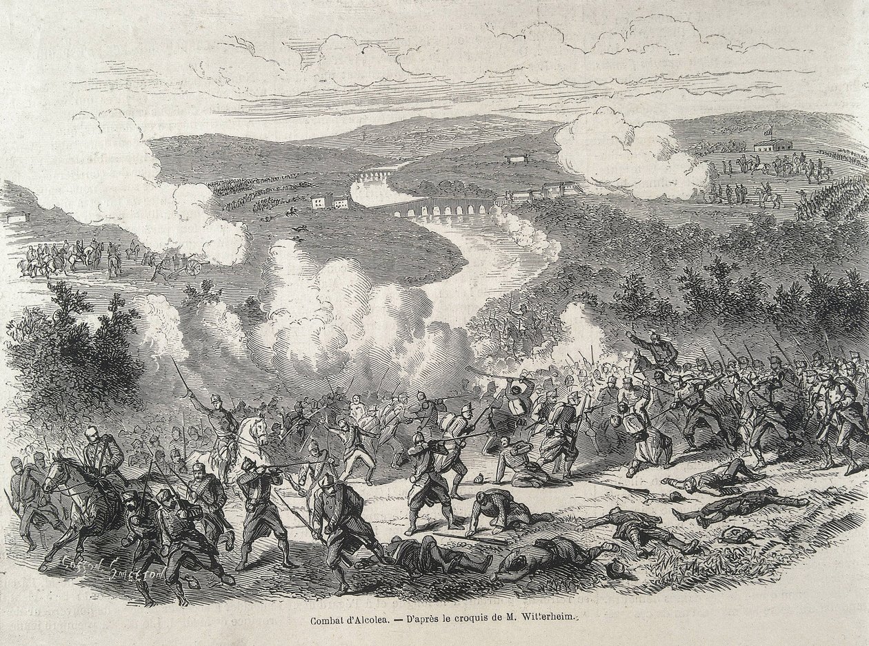Spanyolország. Az 1868-as forradalom. Alcoleai csata (szeptember 20.), amely II. Izabella trónfosztásához vezetett. Metszet alkotó: Artist Unknown
