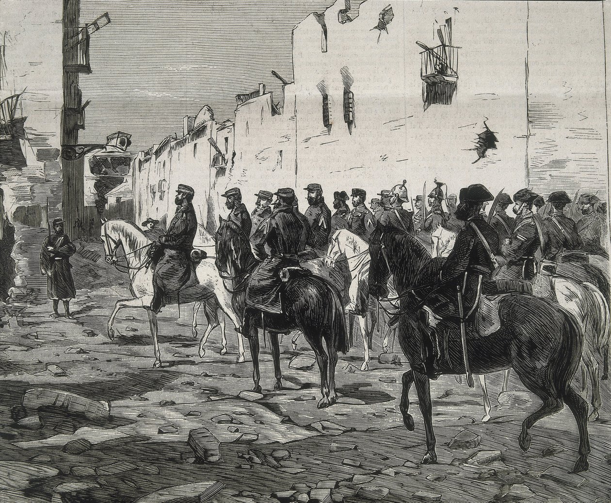 Spanyolország. Az első köztársaság (1873-1874). Cartagena kanton. Jose Lopez Dominguez tábornok Cartagenában a kantonalisták kapitulációja után. A kép a "La Ilustracion Espanola y Americana" című folyóiratban jelent meg. Metszet. alkotó: Artist Unknown