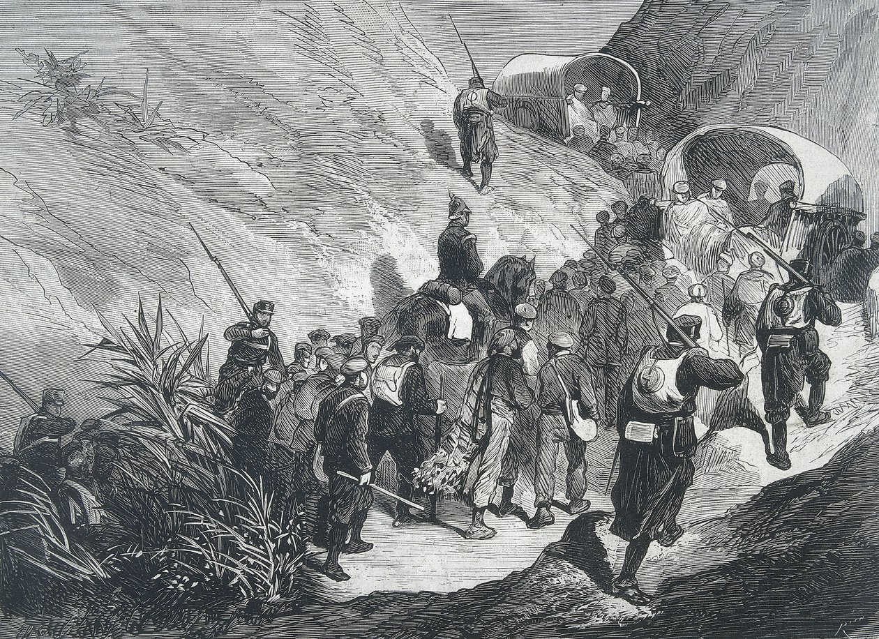 Spanyolország. Harmadik karlista háború. Karlista foglyok sétálnak a hegyeken át Empordában (Katalónia). Metszet. alkotó: Artist Unknown