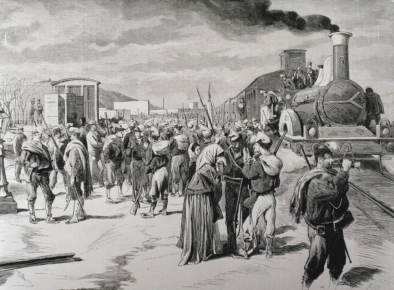 Spanyolország. Harmadik karlista háború. Egy szabadcsapat zászlóaljának indulása Barcelonából a karlisták ellen. Kép a "La Ilustracion espanola y americana" című lapból (1873. április 8.). Metszet alkotó: Artist Unknown