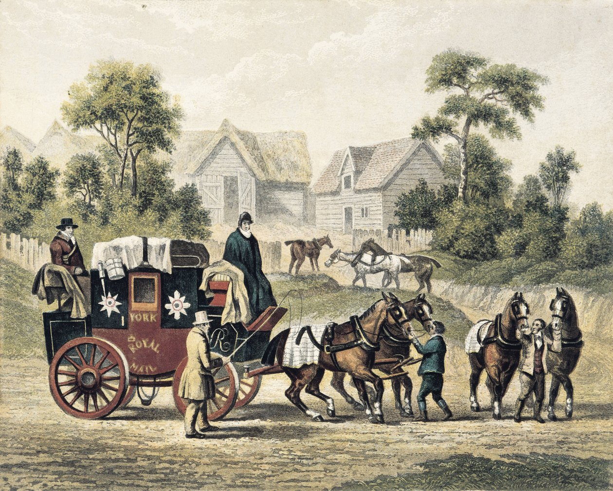 Postakocsi (19. sz.). Metszet alkotó: Artist Unknown