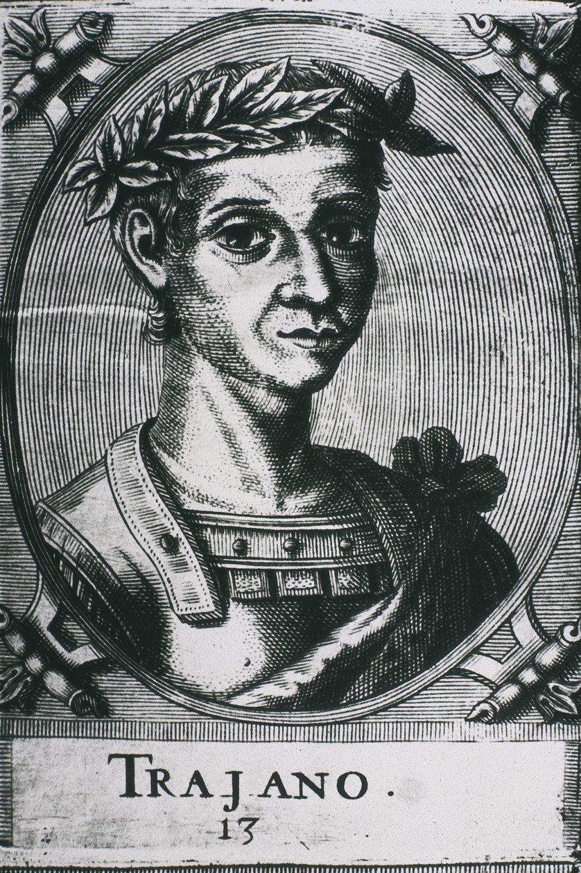 TRAJAN, Marcus Ulpius Traianus (53-117). Traianus portréja babérkoszorúval. Részlet az eredeti metszetről. Metszet. alkotó: Artist Unknown