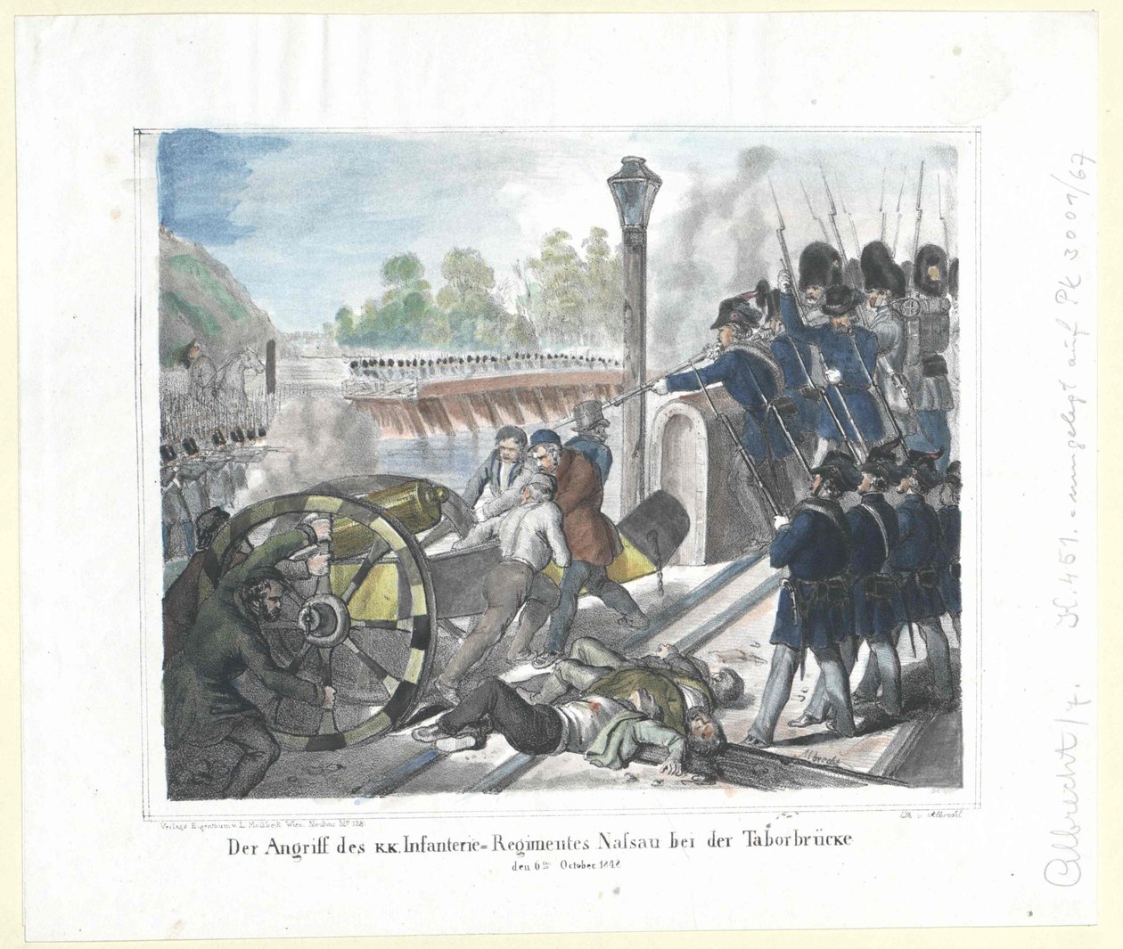 A k. k. támadása. Nassaui gyalogezred a Taborhídnál 1848. október 6-án. alkotó: Artist Unknown