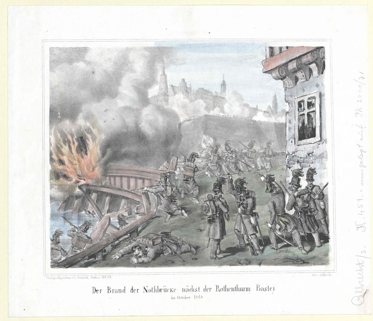A Rothenthurm bástya közelében lévő Nothbruecke lángja 1848 októberében. alkotó: Artist Unknown