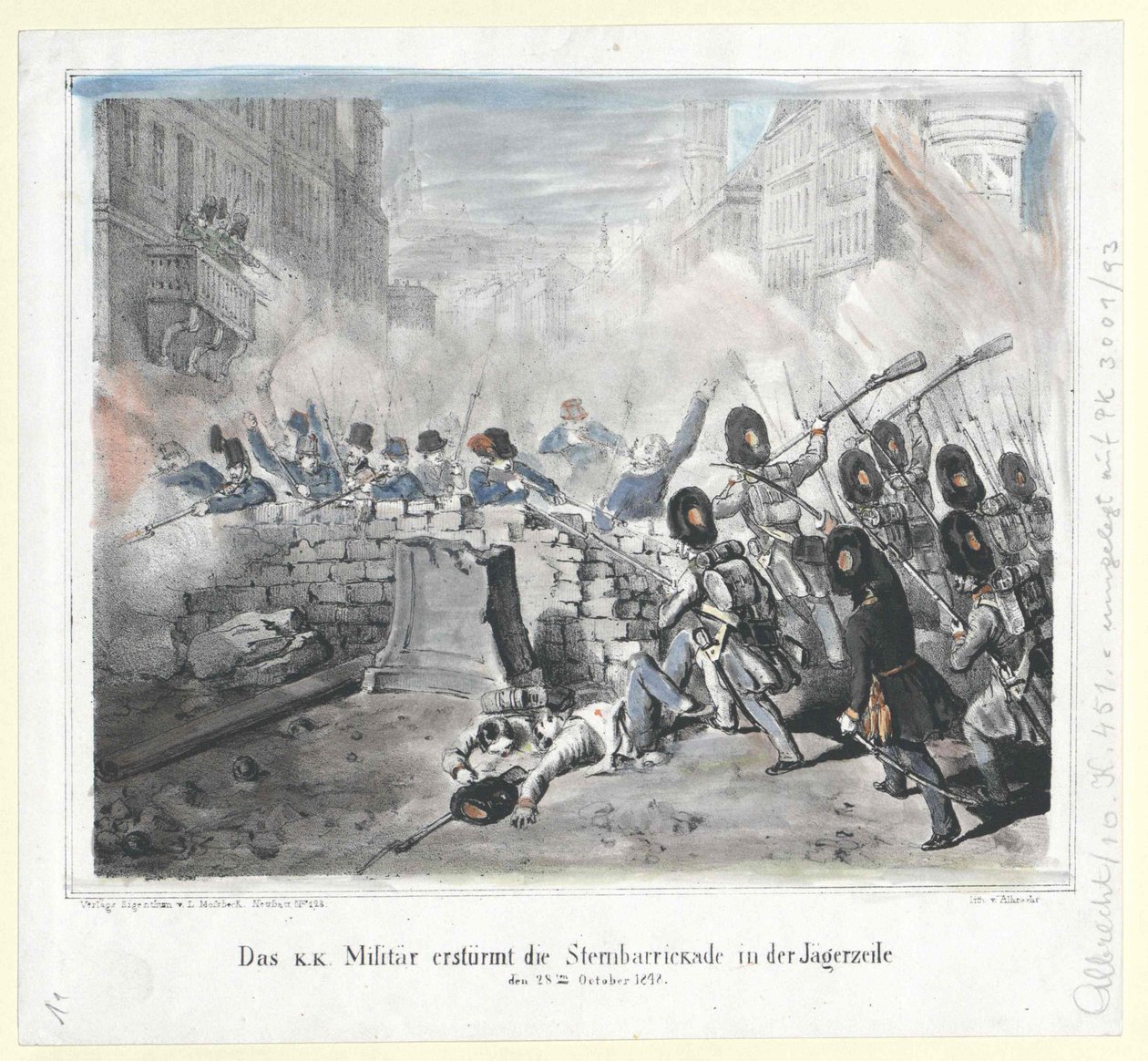 A k. k. katonaság megrohamozza a Sternbarrickade-ot a Jaegerzeile-ben 1848. október 28-án. alkotó: Artist Unknown