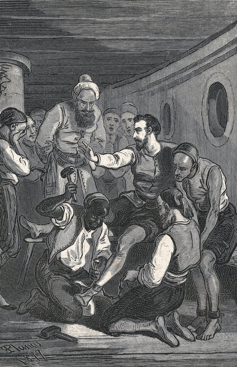 A trinidadiak, Fray Juan Gil és Fray Anton de la Bella 1580-ban kiszabadították Cervantest az algíri fogságból (metszet). alkotó: Artist Unknown