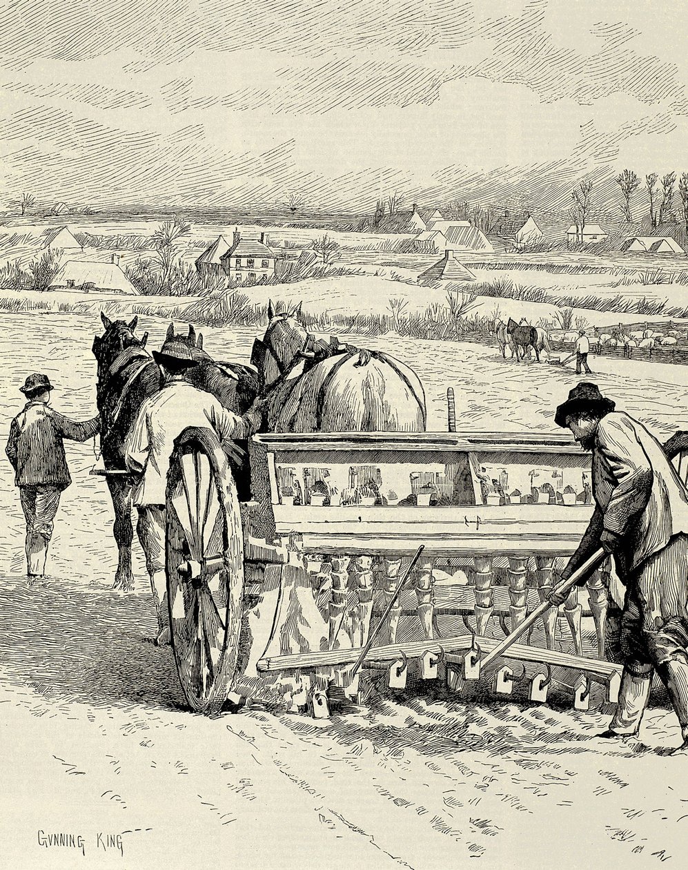 EGYESÜLT KIRÁLYSÁG. ANGOLORSZÁG. Ipari forradalom. Jethro Tull által feltalált fúrógép. Árpa vetése februárban. Gunning King rajzát a "The Illustrated London News" című lap tette közzé. Metszet. alkotó: Artist Unknown