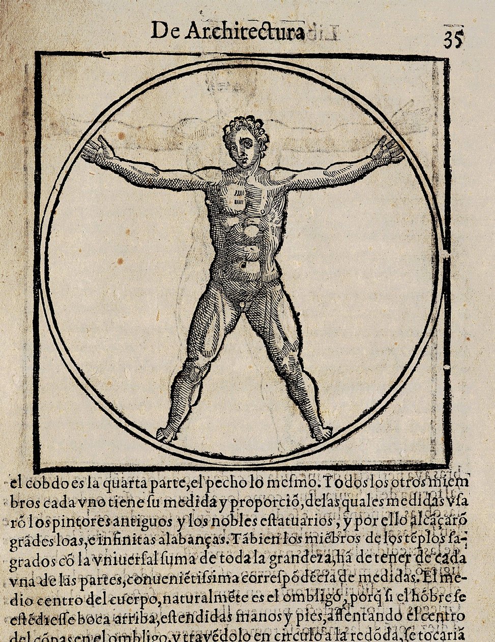 VITRUVIUS, Marcus Vitrubius Pollio (Kr. e. 1. század). "De Architectura" (Az építészetről), Miguel de Urrea spanyol fordításában. Szerkesztette Alcala de Henaresben Juan Gracian (1582). A 35. oldal illusztrációja az emberi test kánonjával. Xilográfia alkotó: Artist Unknown