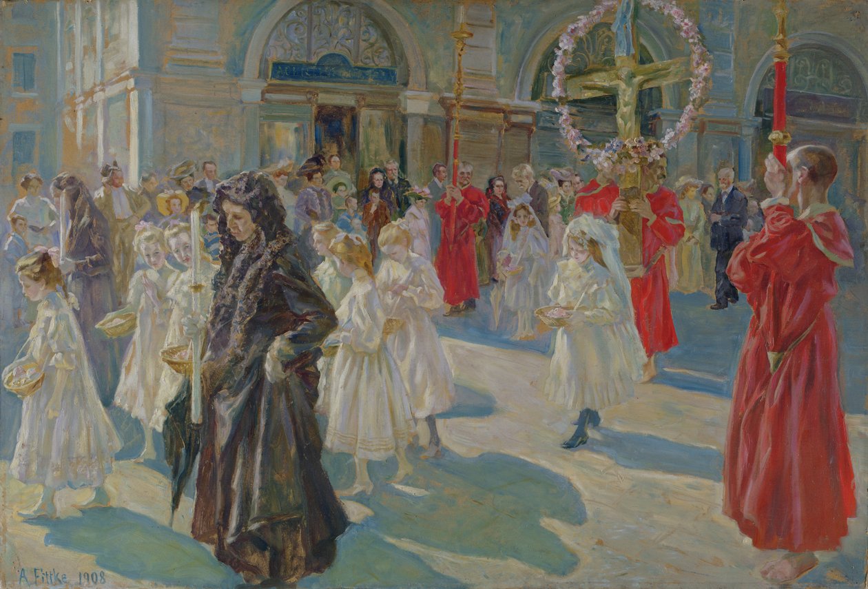 Corpus Christi körmenete a trieszti Piazza Grande-n, 1908 alkotó: Arturo Fittke