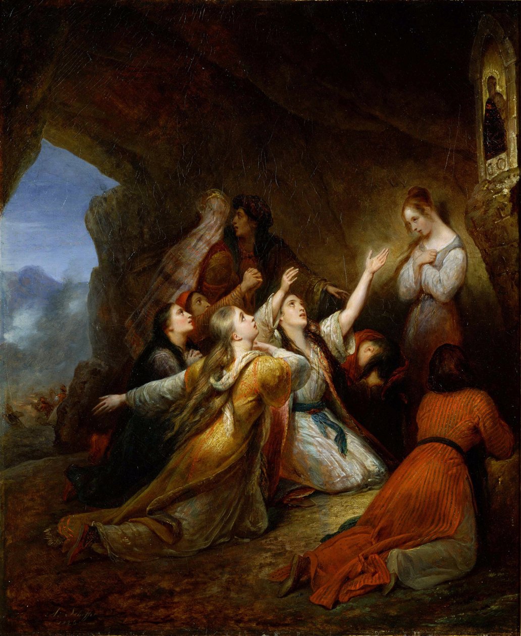 ""Görög nők a Szűz segítségét kérő"" (Görög nők könyörögnek a segélyszűznél) Ary Scheffer festménye (1795-1858) 1826 Méret: 65x55 cm Nemzeti Nyugati Művészeti Múzeum, Tokió alkotó: Ary Scheffer