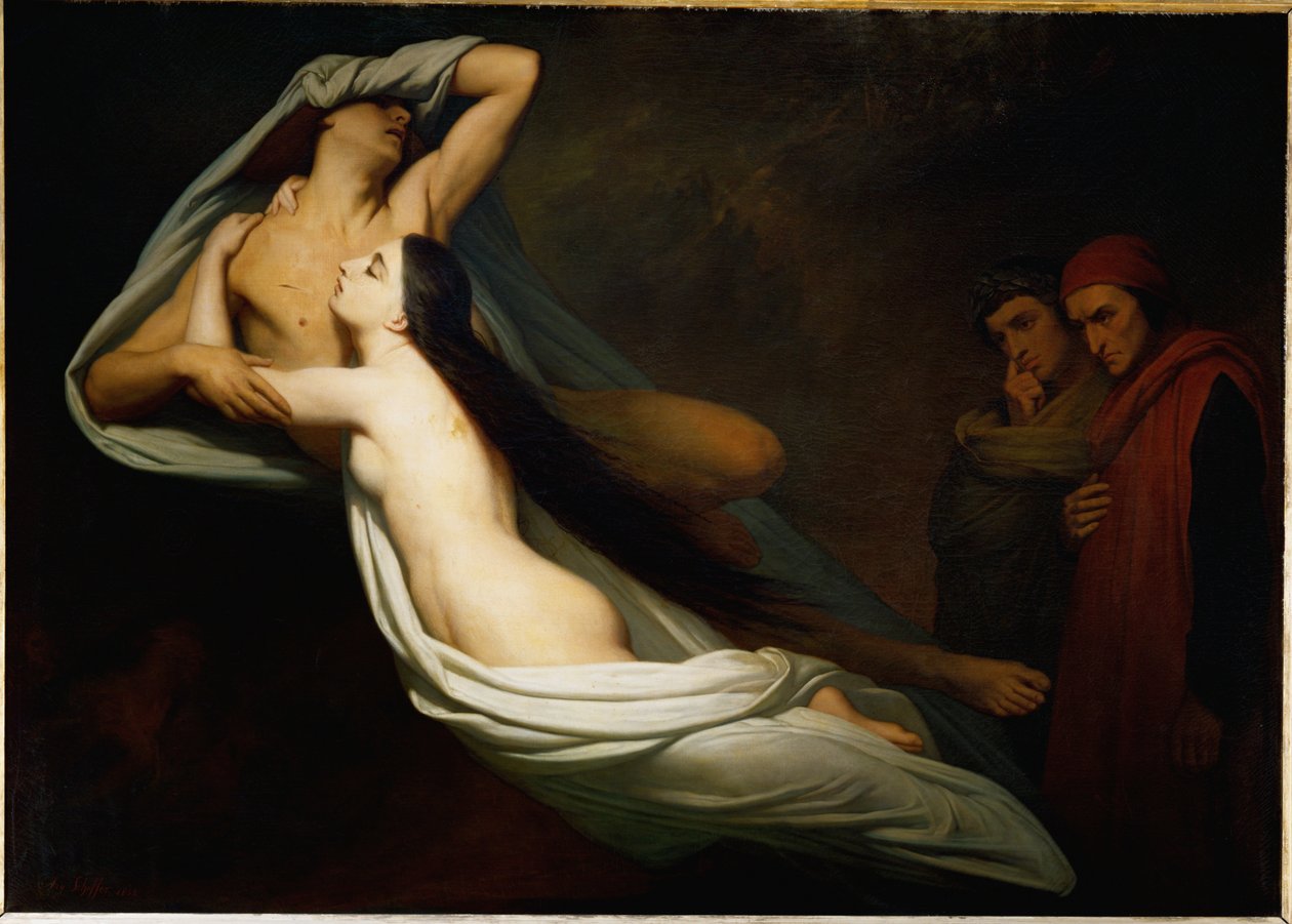 Francesca da Rimini és Paolo Malatesta árnyéka jelenik meg Danténak és Vergiliusnak ... alkotó: Ary Scheffer