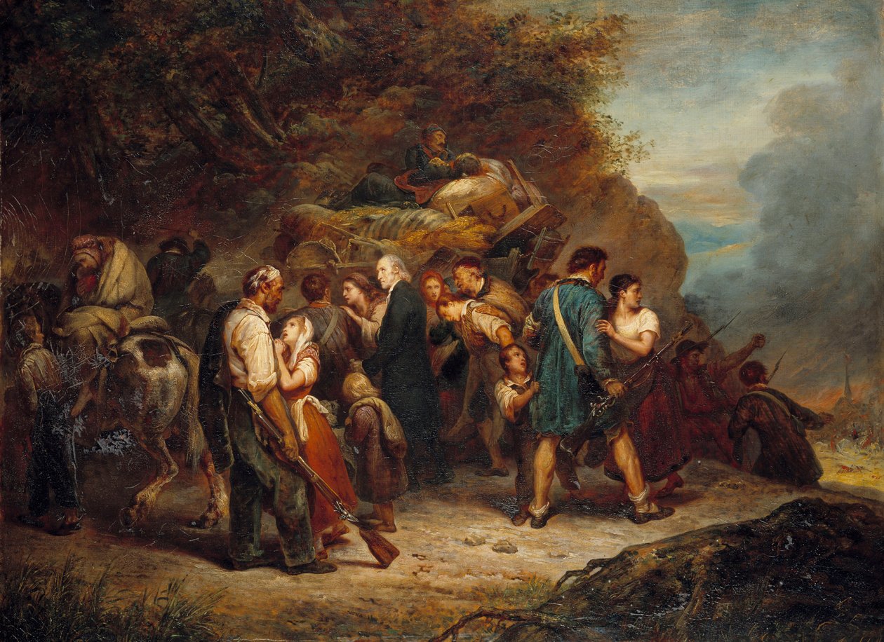 Jean Frederic Oberlin elzászi protestáns lelkész (1740-1826) és az elzászi lotharingiai (Elzász-Lotharingiai) kálvinisták, akikre 1814-ben vadásztak az oroszok. Ary Scheffer festménye (1795-1858) 1814 Paris, Musee du Protestantisme alkotó: Ary Scheffer