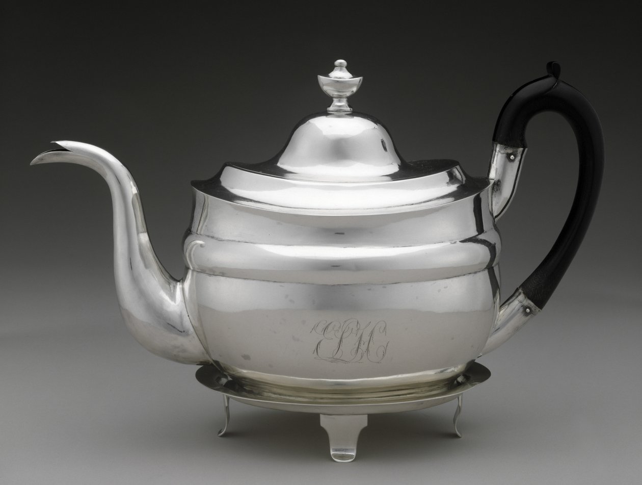 Teáskanna és fedél állvánnyal, c. 1798-1812 (ezüst) alkotó: Asa Whitney