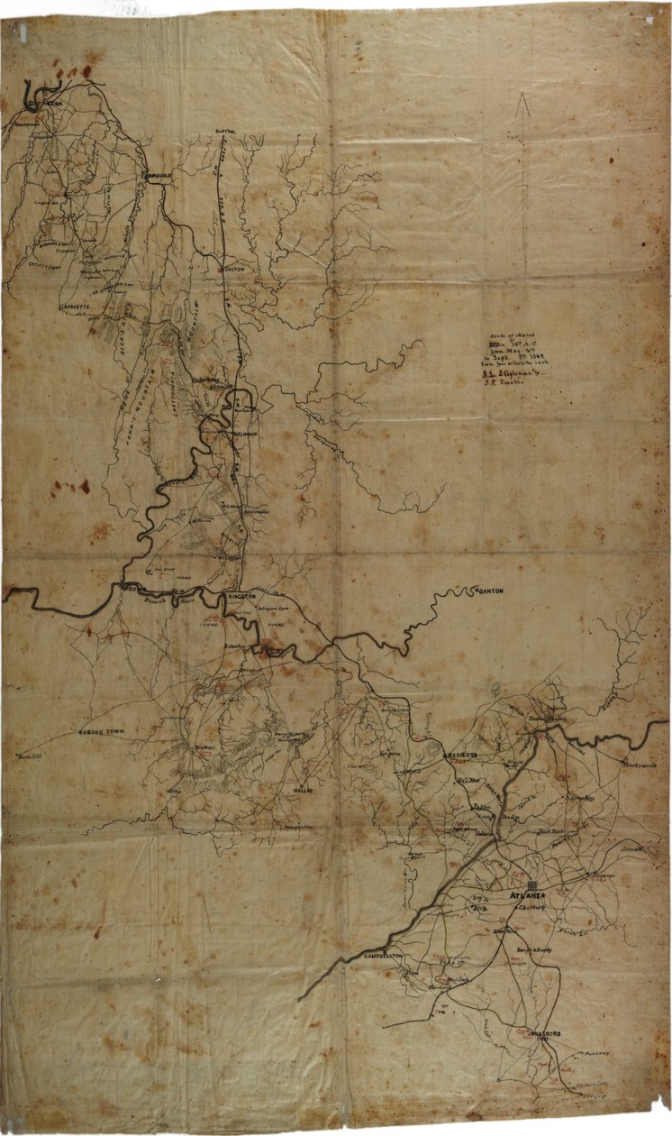 Kéziratos polgárháborús térkép Shermans tábornok atlantai hadjáratáról, 1864 körül alkotó: Asbury L. and Snell, J.P. Stevens
