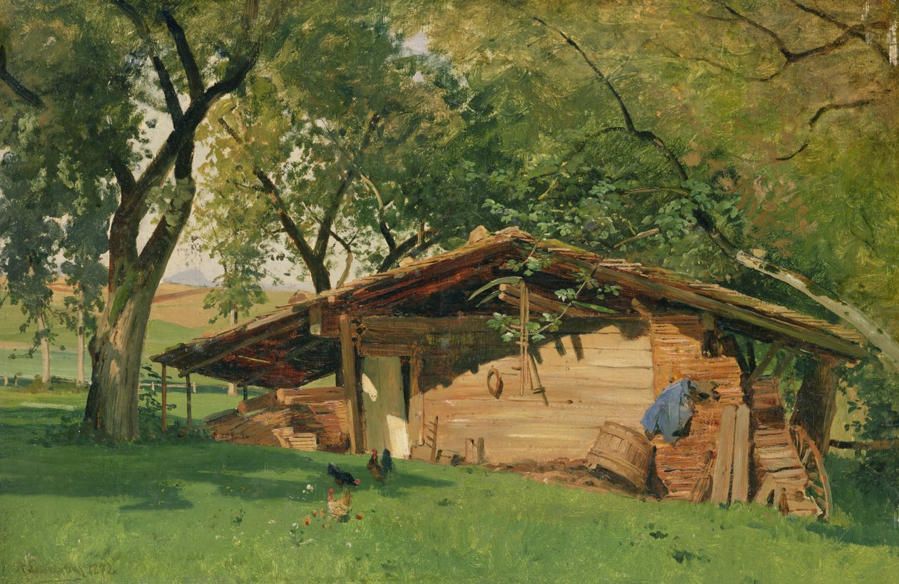 Egy kunyhó Chiemsee-ben, 1872 (olaj a kártyán) alkotó: Ascan Lutteroth