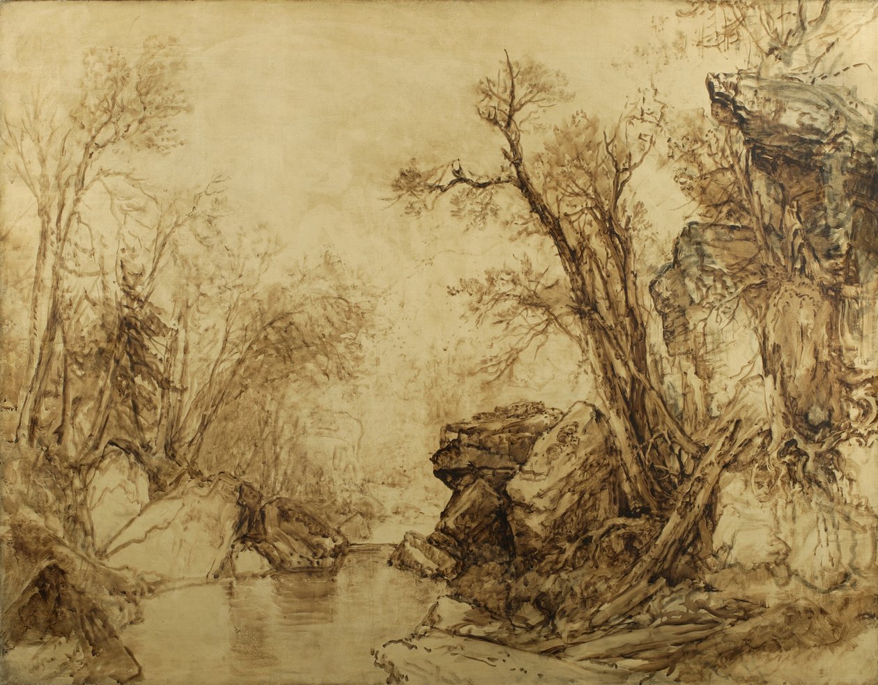 Táj szépia színben: Fák patakkal, 1854 (szépia olaj, vászon) alkotó: Asher Brown Durand