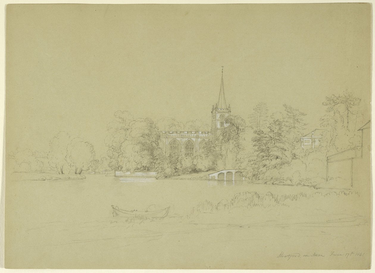 Plébániatemplom, Stratford-on-Avon, Anglia, 1841 (grafit és fehér gouache, szürke papíron) alkotó: Asher Brown Durand