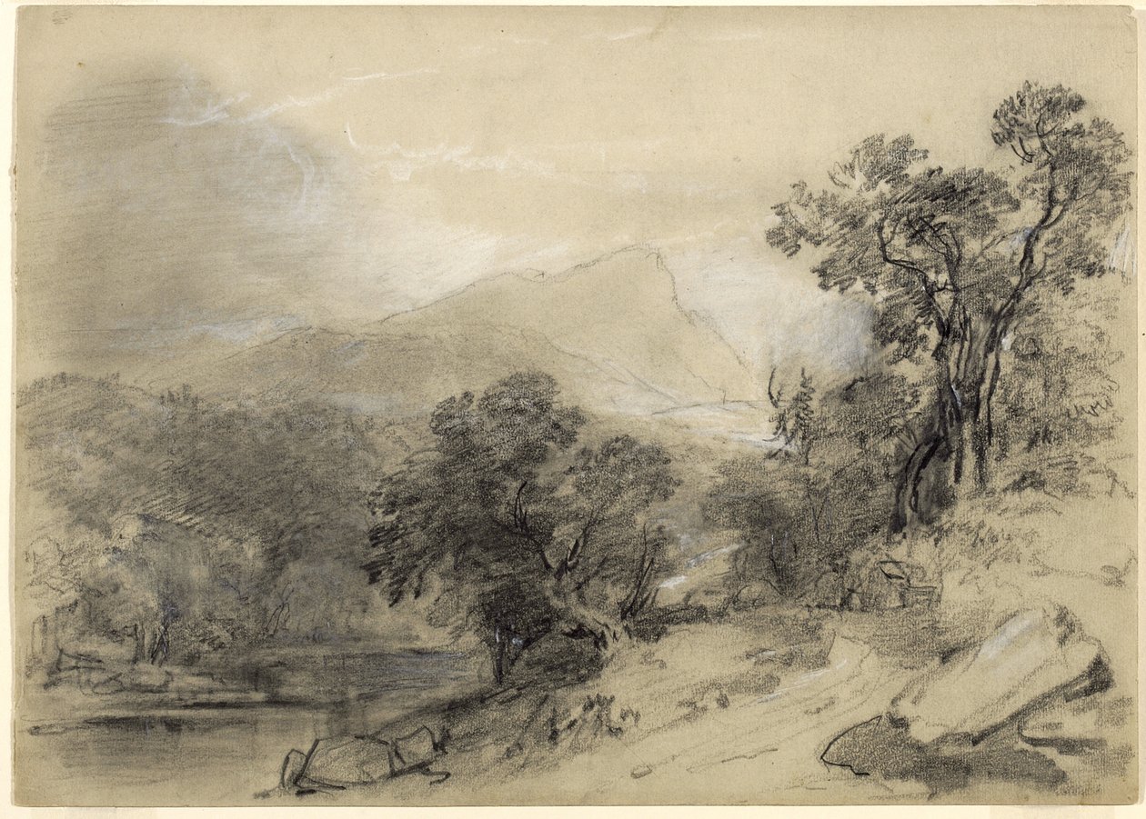 Tanulmány a tájkompozícióhoz: Catskillsben, 1848 (grafit, fehér kréta, faszén és fehér gouache, kikarcolással és khaki papíron) alkotó: Asher Brown Durand