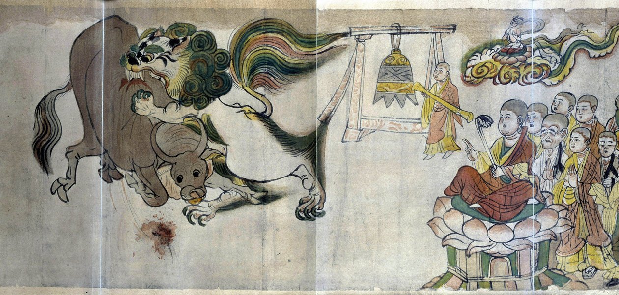 Sariputra diadala az eretnekek felett. A bölcs Sariputra a buddhizmus felsőbbrendűségét bizonyítja azzal, hogy egy oroszlánt mutat be egy csodagyereken keresztül: az őz felfal egy bikát, amelyet egy eretnek mágus hozott napvilágra. alkotó: Asian School