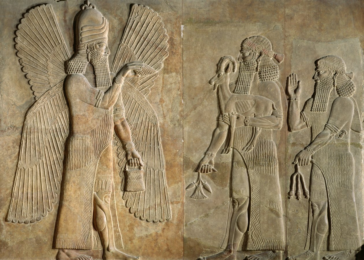 Szárnyas szellemet, sargont vagy gazellát hordozó papot és mákszárat hordozó hívőt ábrázoló fríz az I. Sargon palotából, Khorsabad, Irak alkotó: Assyrian