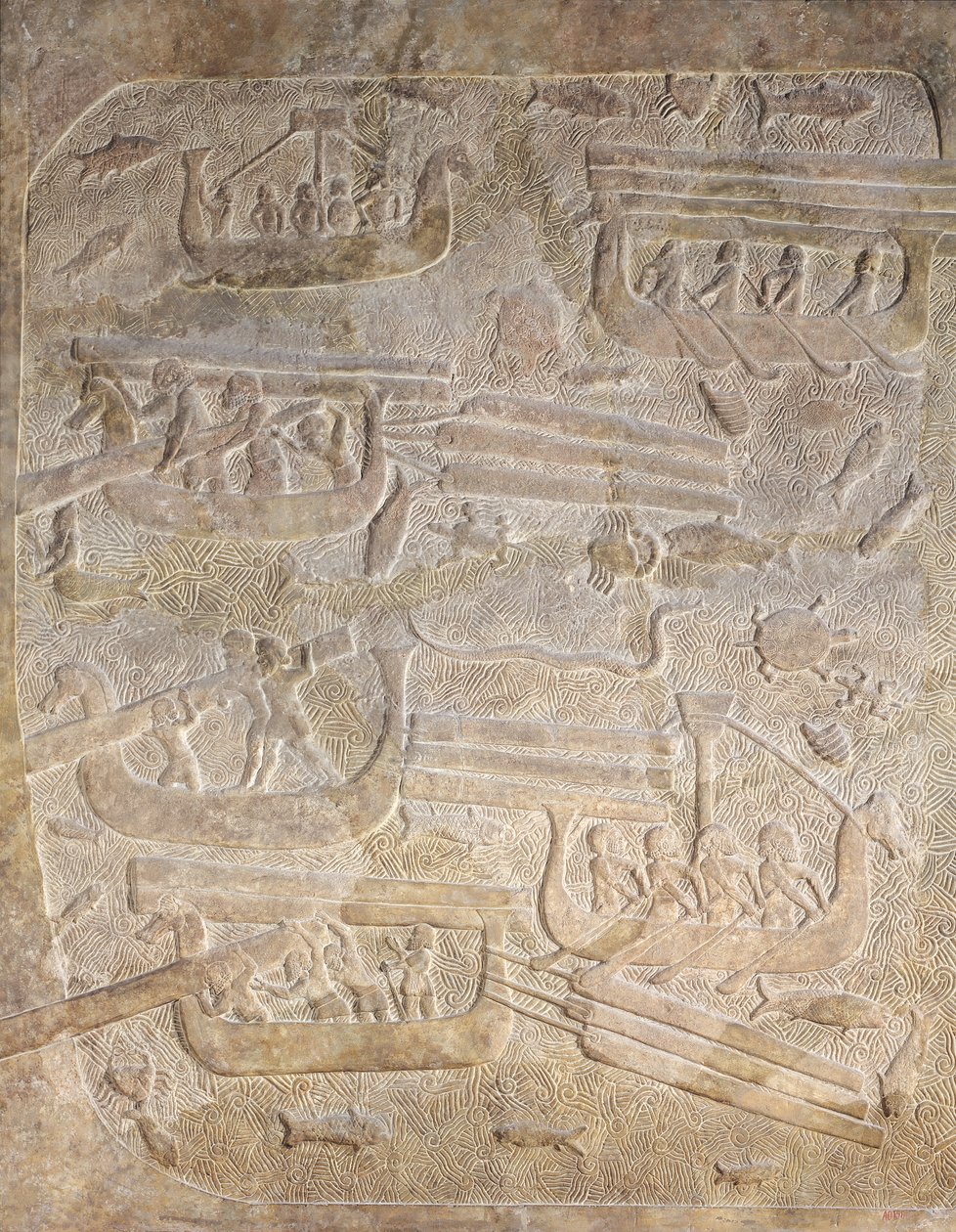 A fa tengeri szállítás utáni kirakodását ábrázoló dombormű a II. Sargon palotából, Khorsabad, Irak alkotó: Assyrian