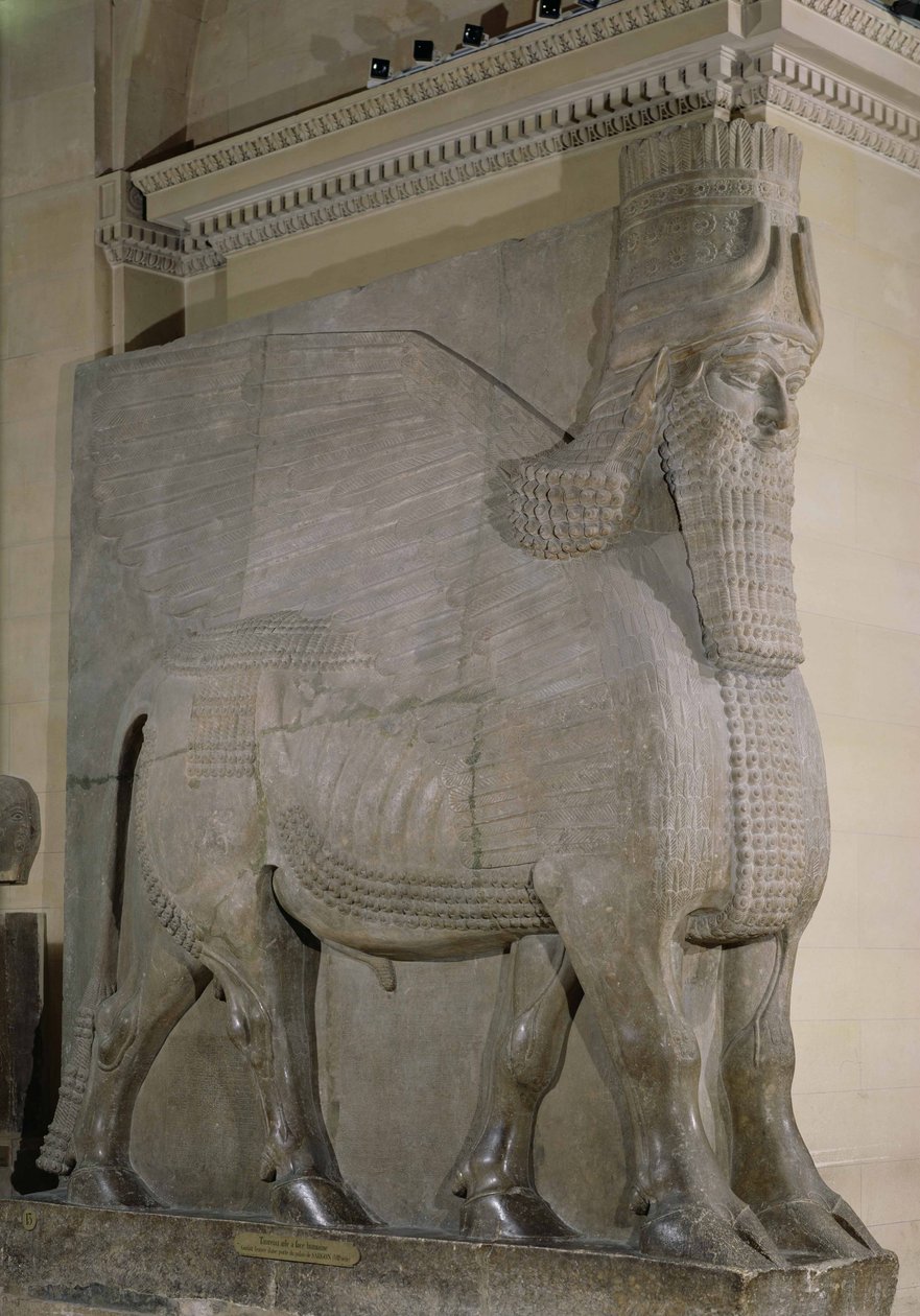 Szárnyas bika II. Sargon király palotájának homlokzatáról Khorsabadban, Irakban (gipsz) alkotó: Assyrian