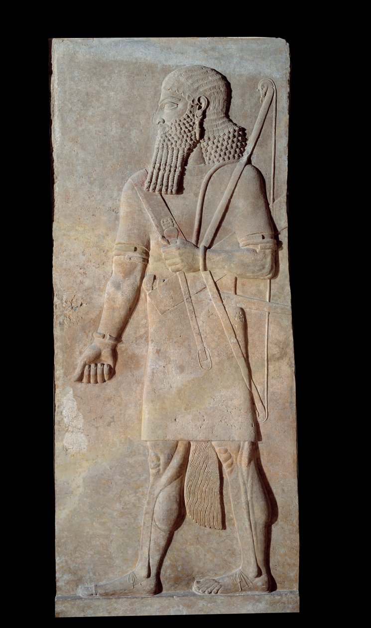 Művészet Mezopotámia (Asszíria): Fegyveres harcos II. Sargon (Kr. e. 721-705) asszír király palotájának udvarából. Párizs, Musee du Louvre alkotó: Assyrian