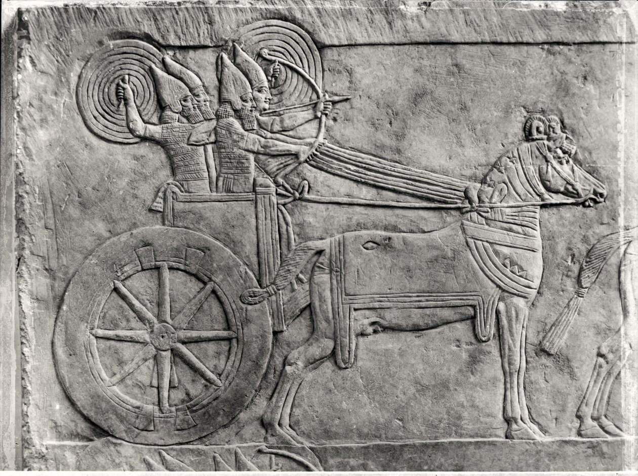 Az asszír hadsereget csatában ábrázoló domborműtöredék a ninivei Ashurbanipal palotából, Kr.e. 645 körül 161334 bw fotó kőrészlete alkotó: Assyrian