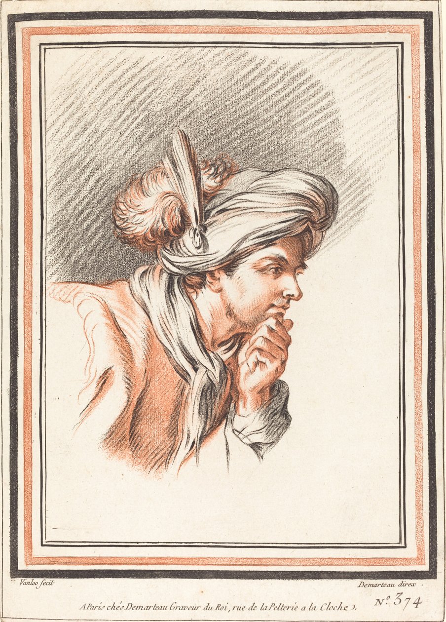 Egy tollas turbánt viselő férfi feje alkotó: Atelier of Gilles Demarteau the Elder after Carle Van Loo