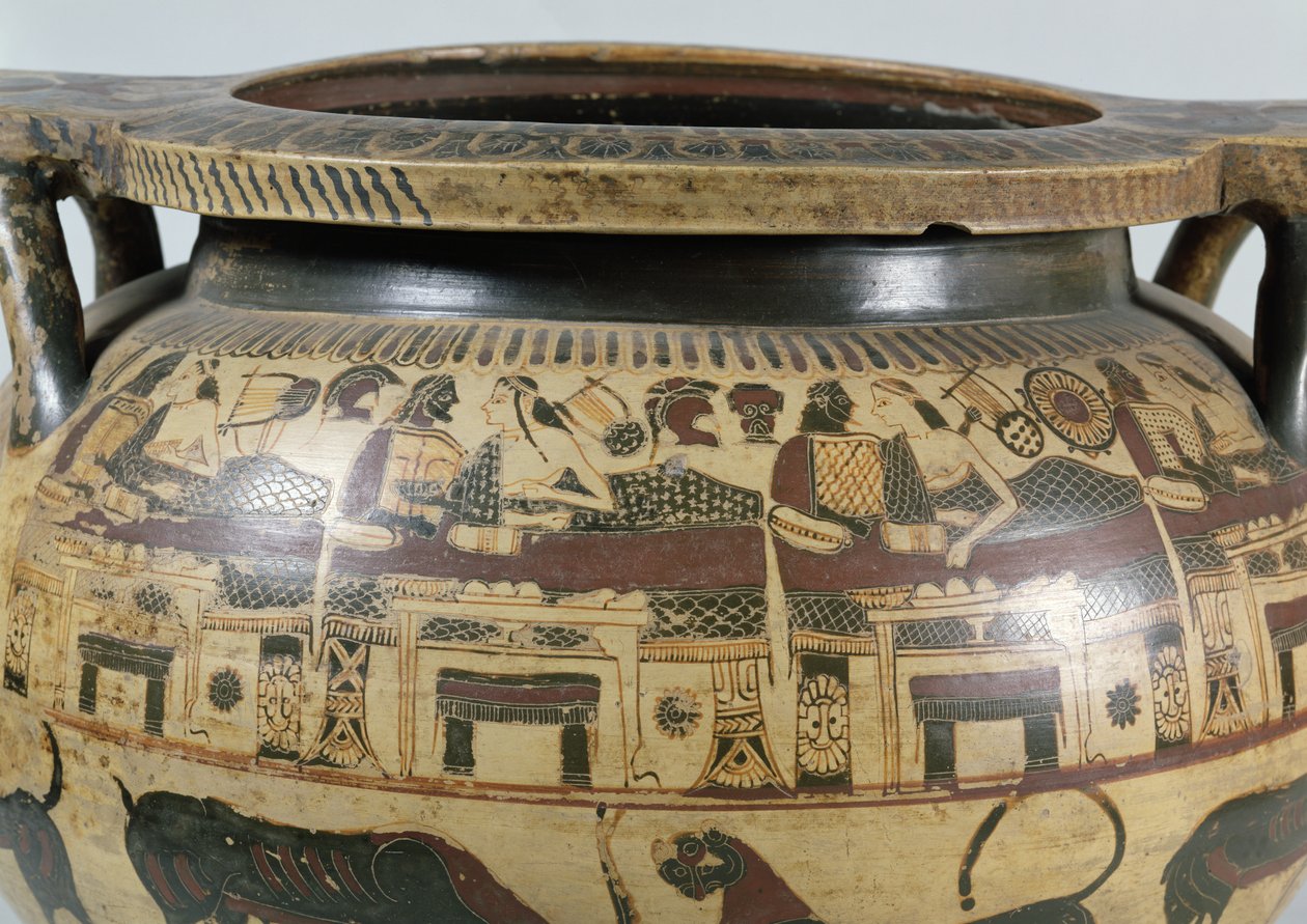 Részlet egy korinthoszi kraterről lakomajelenettel, Kr.e. 590-575 (kerámia) alkotó: Athana Painter