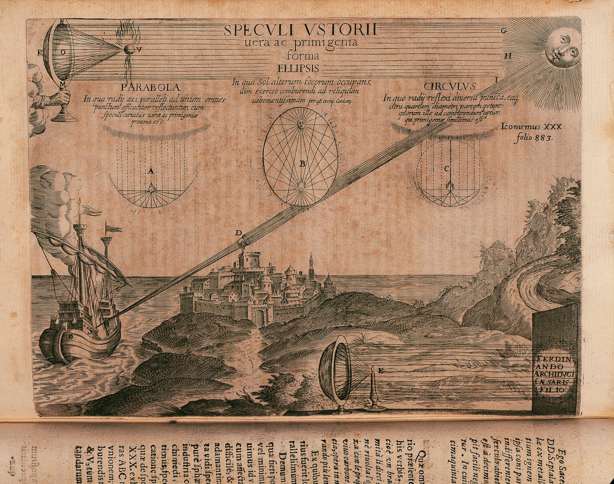 Arkhimédész égő tükrei, metszet az Ars magna lucis et umbrae-ból (a fény és árnyék nagy művészete), Athanasius Kircher (1602-1680), Róma alkotó: Athanasius Kircher