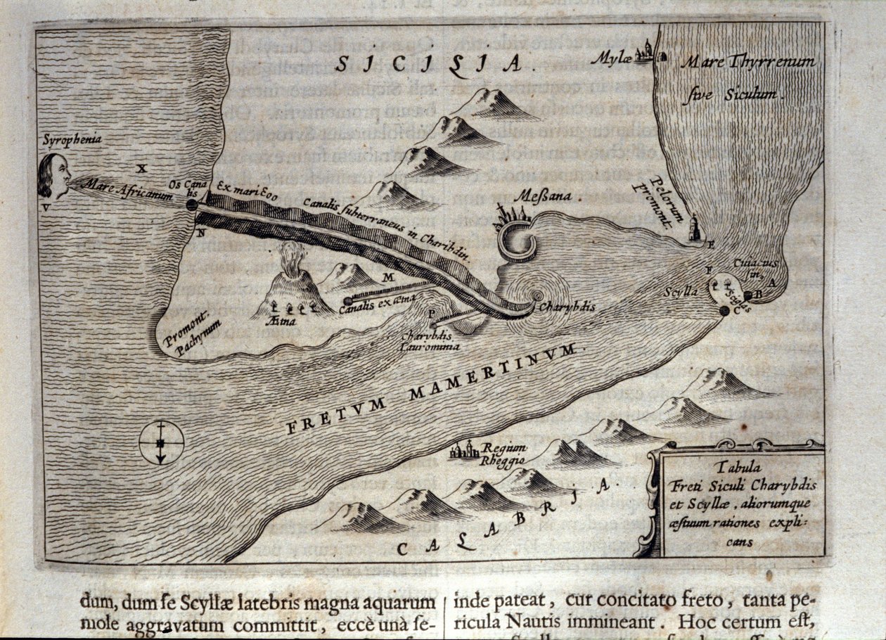 Charybde” és „Scylla” térképészeti ábrázolása Messina Detroitjában, Szicília”” Metszet a „Mundus Subterraneus”-ból”, Athanasius Kircher (1601-1680), jezsuita, orientalista és tudós 1682-ben alkotó: Athanasius Kircher