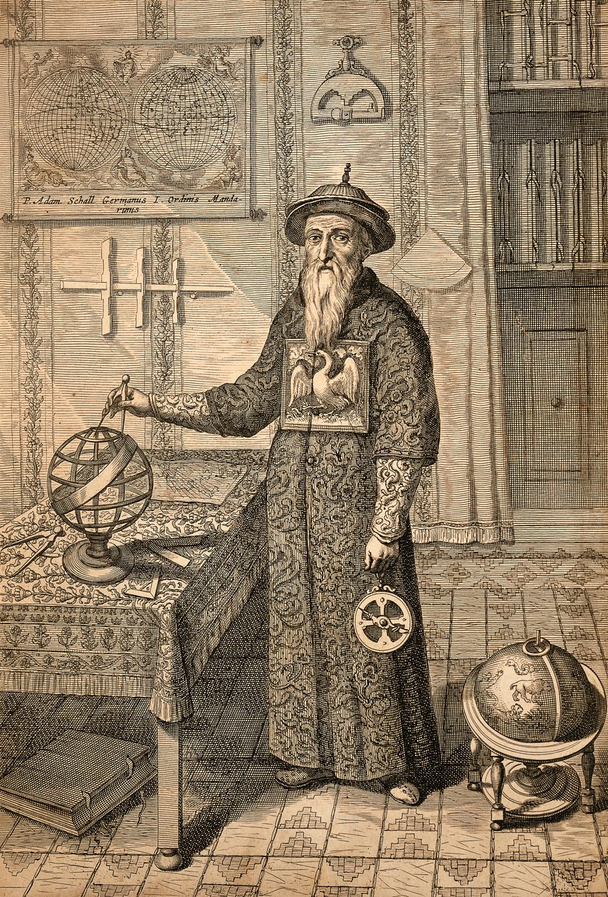 Johann Adam Schall von Bell (1591-1666) jezsuita, Ferdinand Verbiest elődje, a nankingi Ming-dinasztia udvarának csillagásza, mandarin jelmezt viselő, Kínából származó monumentis alkotó: Athanasius Kircher