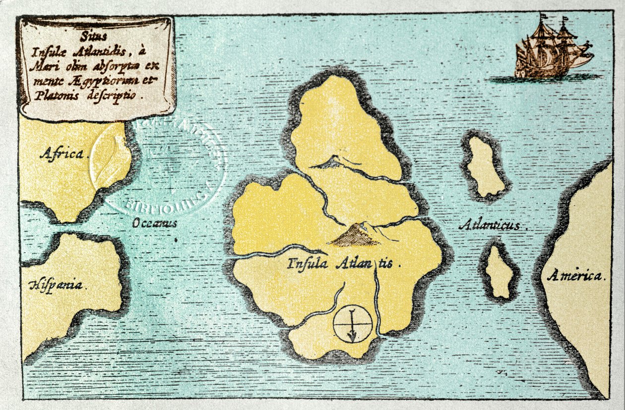 Atlantisz legendás szigetének térképe - Athanase Kircher (vagy Athanasius Kircheri) Mundus Subterraneus-járól alkotó: Athanasius Kircher