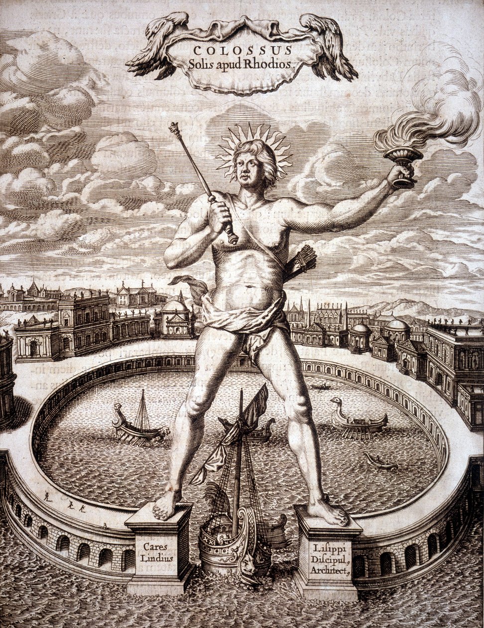 A rodoszi kolosszus (Héliosz szobra) a kikötő bejáratánál. - Athanasius Kircher (1601-1680) német orientalista és tudós „Turris Babel” című művében alkotó: Athanasius Kircher