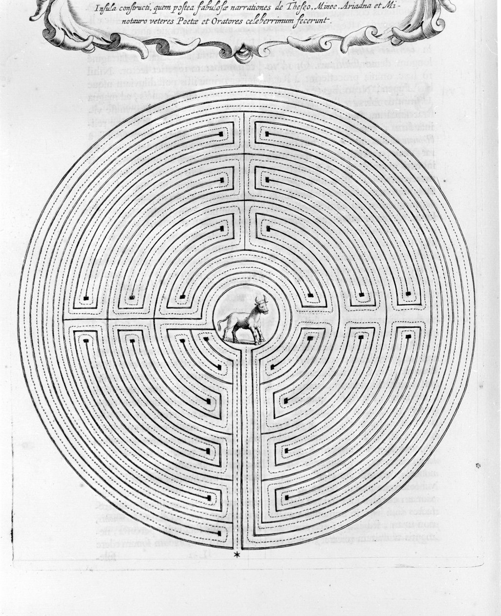 A Dedale által tervezett Cnossos labirintus - Középen a minotaurusz - Athanase Kircher "Turris Babel" - Amszterdam alkotó: Athanasius Kircher