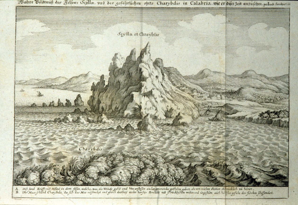 Kilátás „Charybde” és „”Scylla”” szikláira Messina Detroitjában, Szicília”” Metszet a „Mundus Subterraneus”-ból, Athanasius Kircher (1601-1680), jezsuita, orientalista és tudós 1682-ben alkotó: Athanasius Kircher