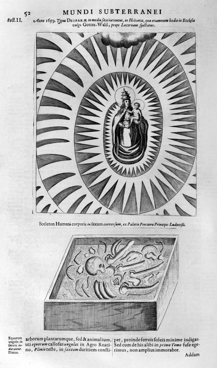 Szűz és gyermek és egy emberi csontváz, 1678 alkotó: Athanasius Kircher