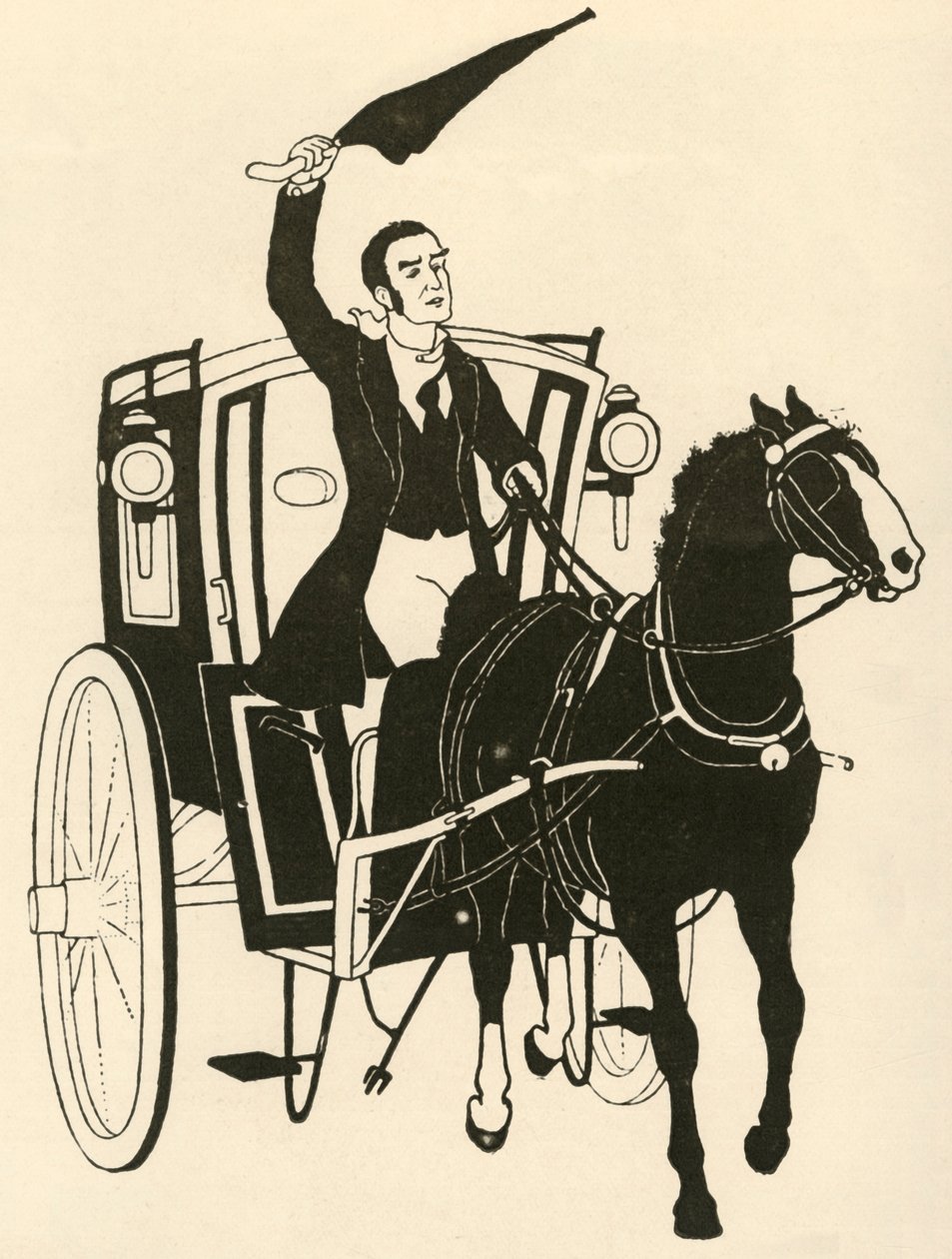 „A gyeplő megragadása egy kézben, és a ló felkavarása az esernyőjével”, 1928. alkotó: Athelstan Rusden