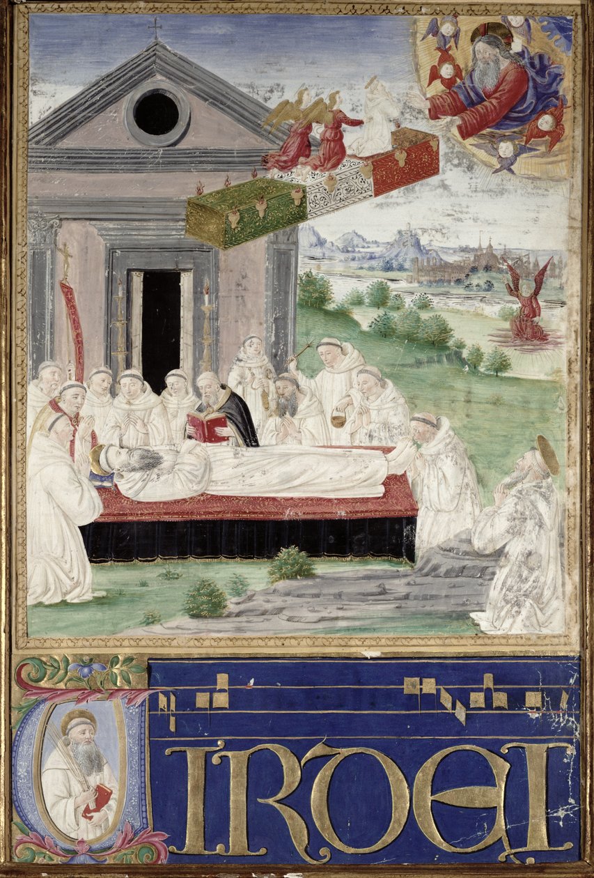 Szent Benedek (480-527) temetése Szent Romaulddal (951-1027 körül) 1502 alkotó: Attavante di Gabriello di Vanti di Bartolo
