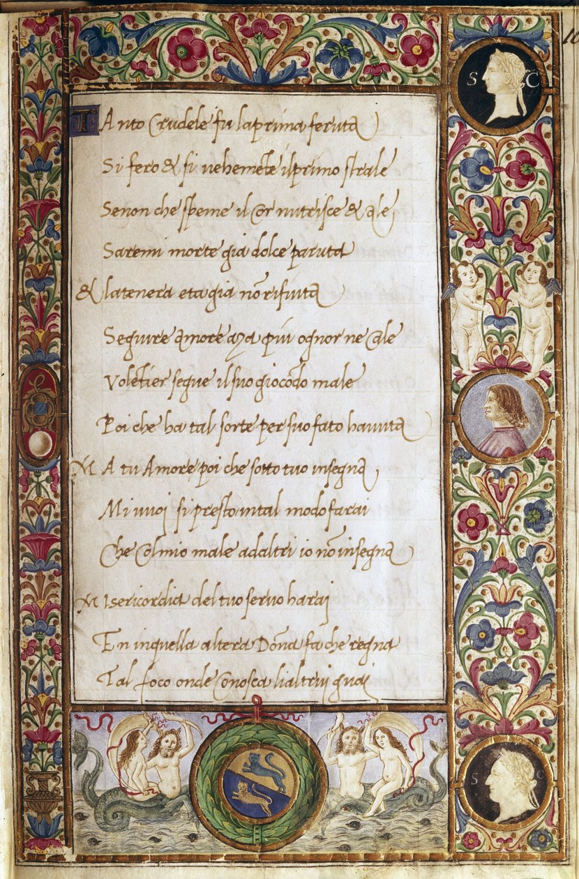Oldal Francesco Petrarca (Petrarca) (1304-1374) "Il canzoniere" című kéziratából, amelyet Attavante dei Attavanti (1452-1525) illuminált (ms. cl.VIII.684) 15. század Dim. 19 x 12,7 cm Firenze, Nemzeti Könyvtár alkotó: Attavante di Gabriello di Vanti di Bartolo