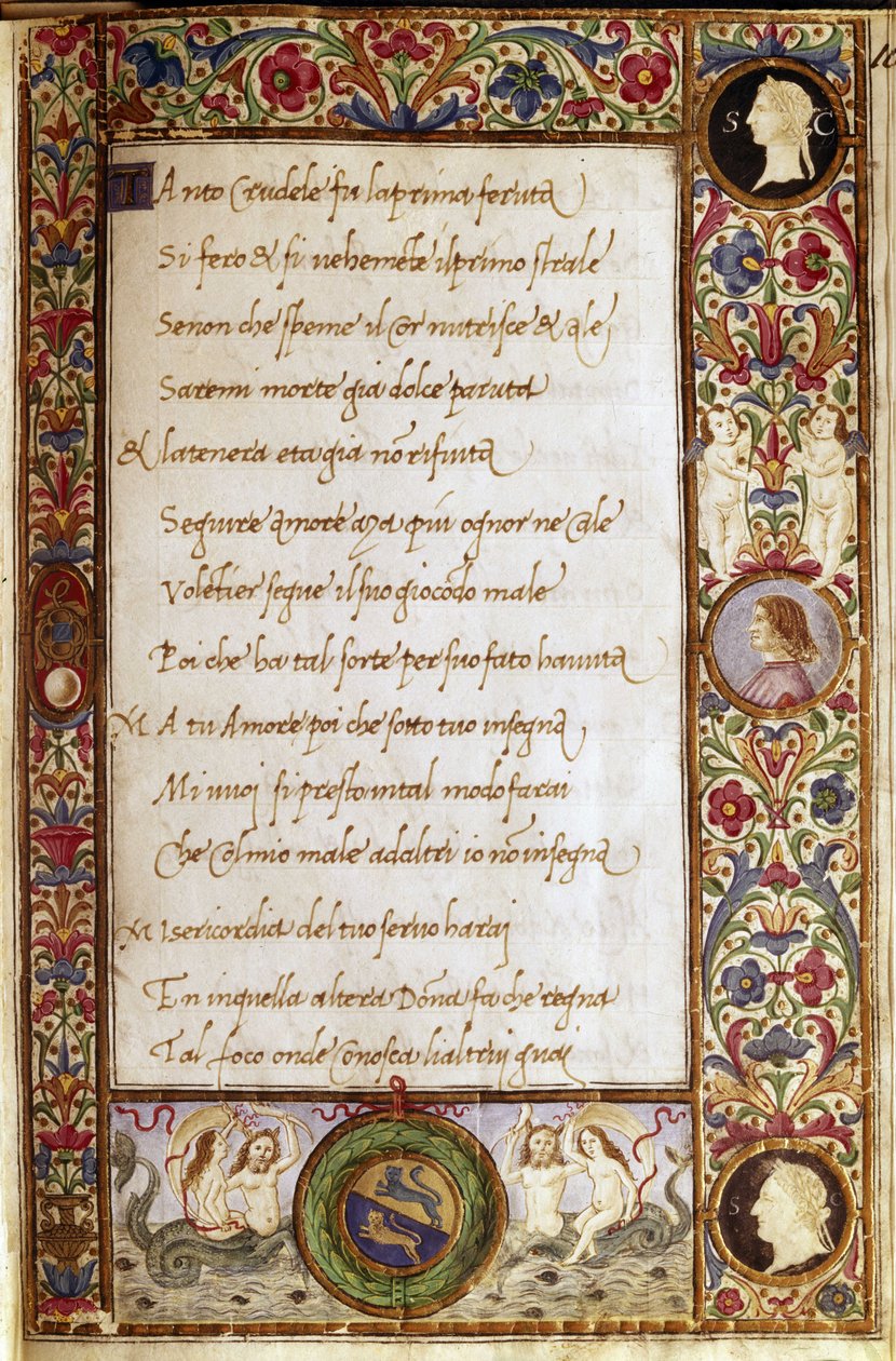 Oldal Francesco Petrarca (1304-1374) "Il Canzoniere" című művének kéziratából. Attavante degli Attavanti (1452-1525) miniatúrája, Nemzeti Könyvtár, Firenze. alkotó: Attavante di Gabriello di Vanti di Bartolo
