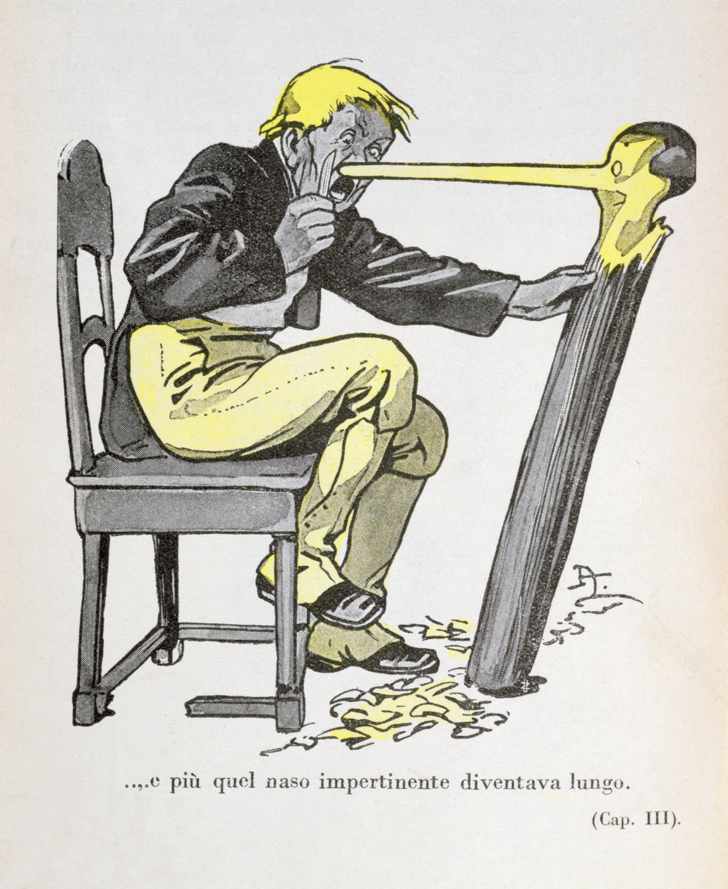 "Pinokkió orra nőni kezdett, miközben Gepetto tovább faragta a figurát", illusztráció Carlo Collodi (1826-90) 1935-ös "Pinokkió"-jából (színes litográfia). alkotó: Attilio Mussino
