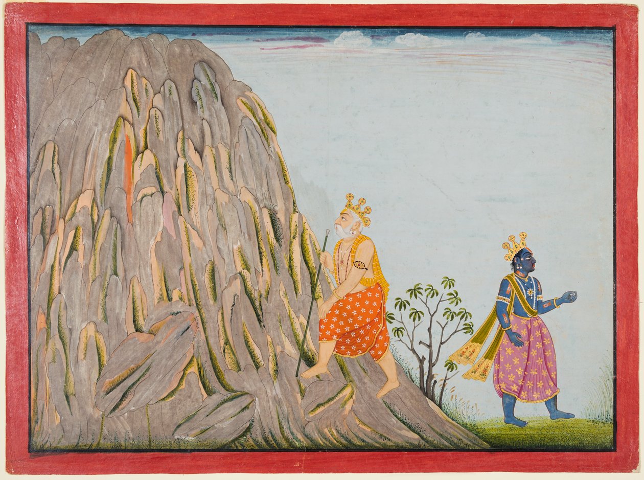 Muchukunda király belép a Gandhamadana hegy birodalmába, hogy elérje az üdvösséget, az "Ötödik Basohli Bhagavata Puránából" alkotó: attributed to Fattu