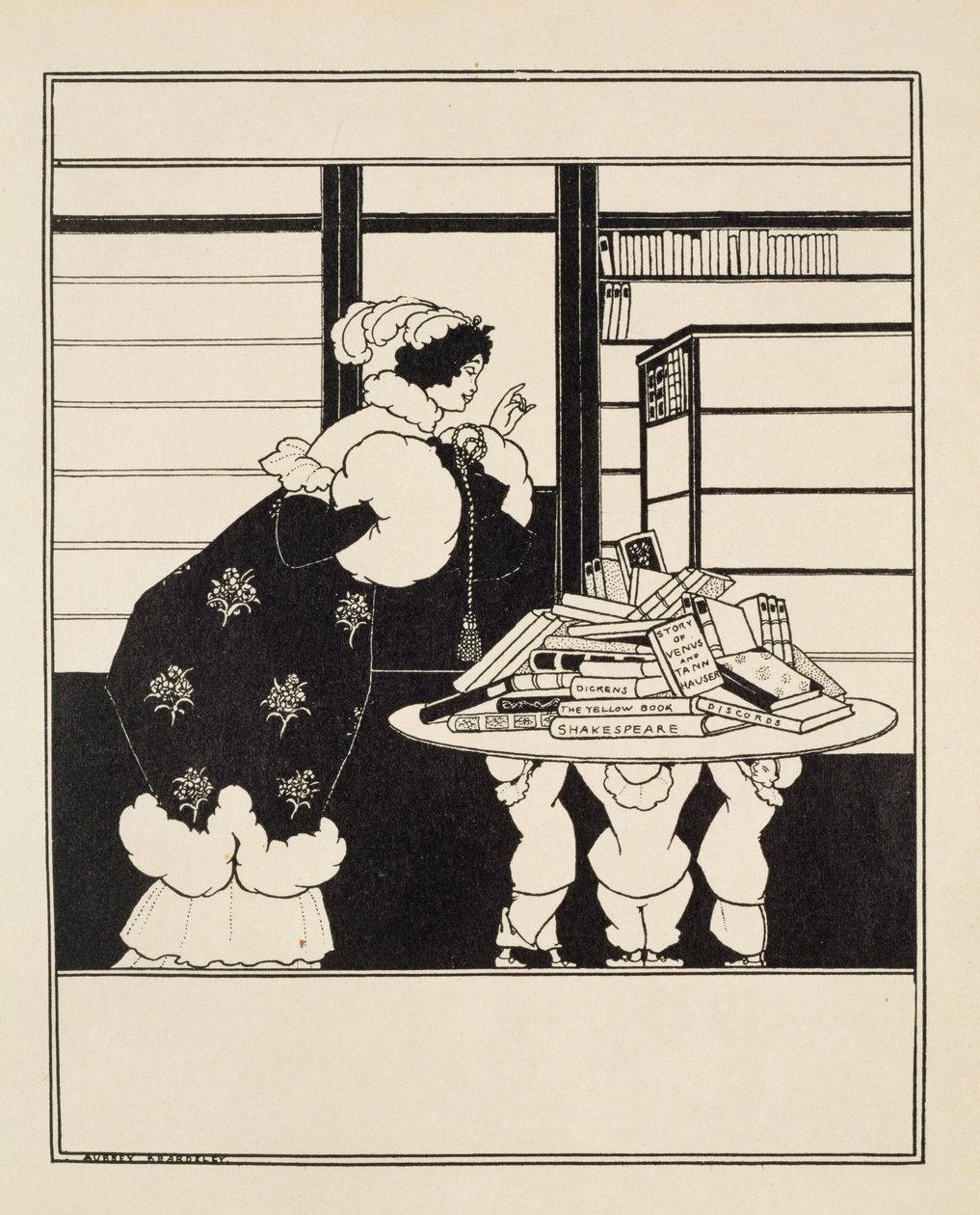 Nő egy könyvesboltban, terv a "Sárga könyv" borítójához (nem használt) 1894-5 körül. alkotó: Aubrey Beardsley