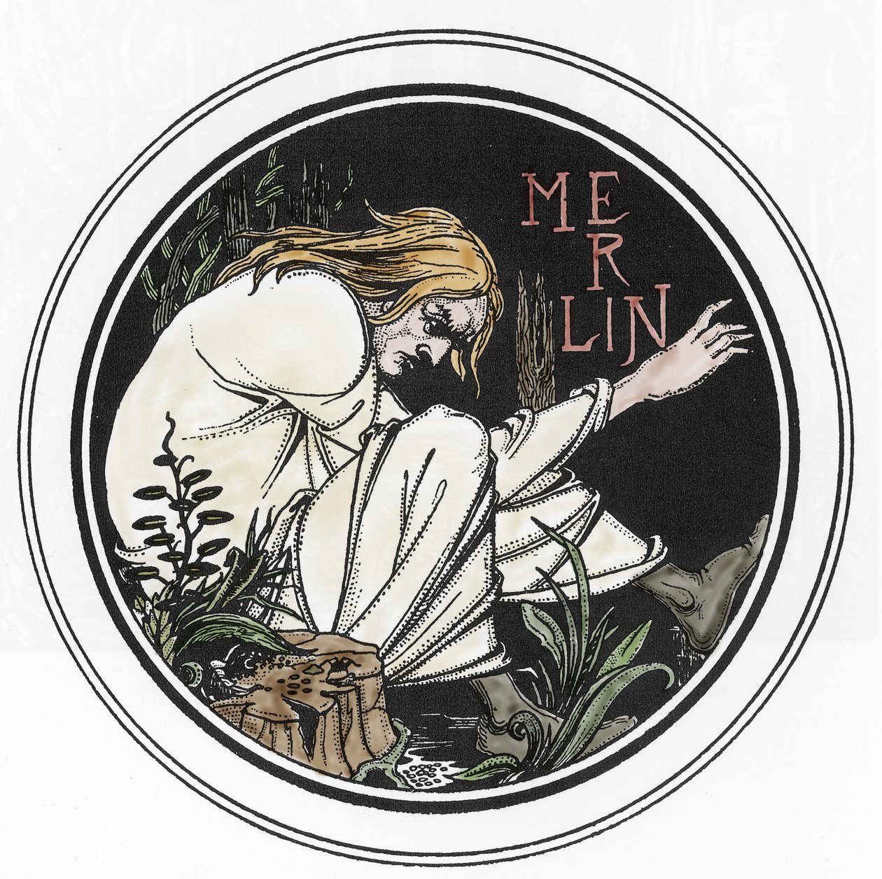 Arthur-legenda: „Merlin, a varázsló”” Metszet Sir Thomas Malory „The Morte of Arthur”-jában, Aubrey Beardsley (1872-1898) által illusztrált kiadás 1893-1894 (Arthuriai legenda: Merlin, a varázsló, Aubrey Beardssley illusztrációja a 