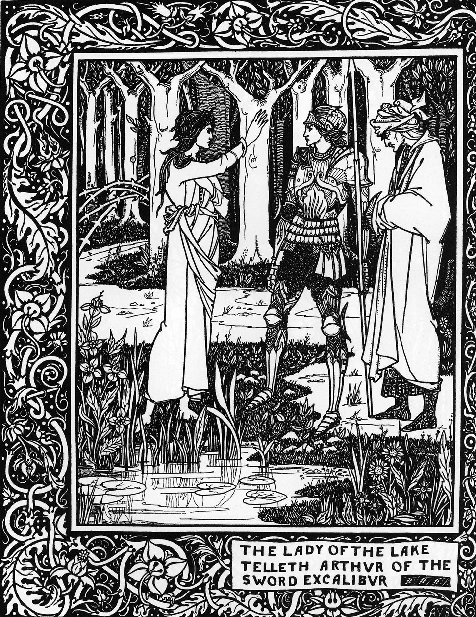 Arthur-legenda: „A tó hölgye (Vivian honorárium) megtanítja Arthurt az Excalibur epee létezésére”” Metszet Sir Thomas Malory „Le Morte d