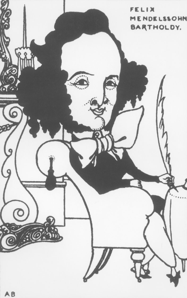 Felix Mendelssohn (1809-47) karikatúrája, 19. század vége (litho) (bw fotó) alkotó: Aubrey Beardsley