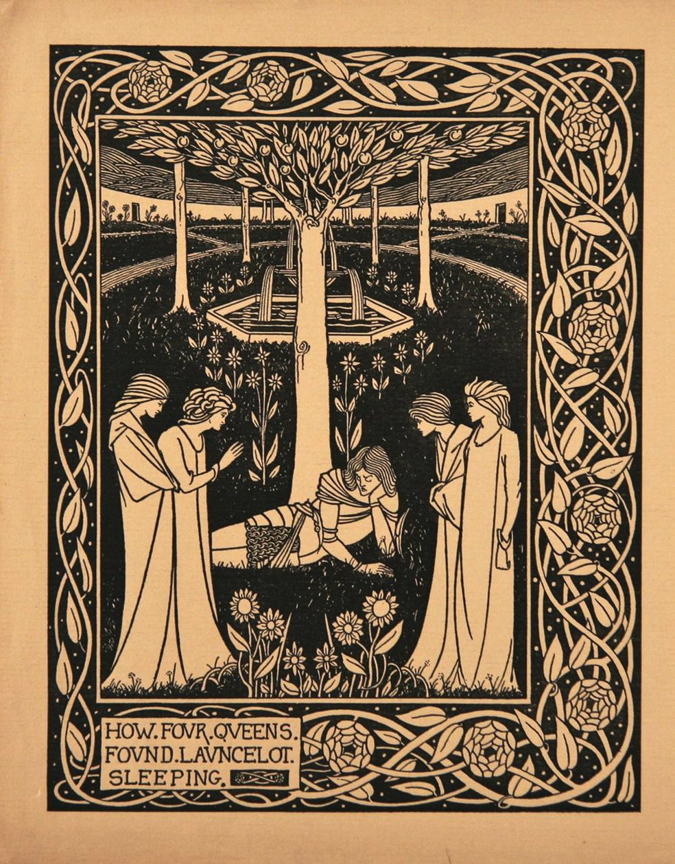 Hogyan találta négy királynő alvó Lancelotot. Illusztráció Sir Thomas Le Morte dArthur című könyvéhez alkotó: Aubrey Beardsley