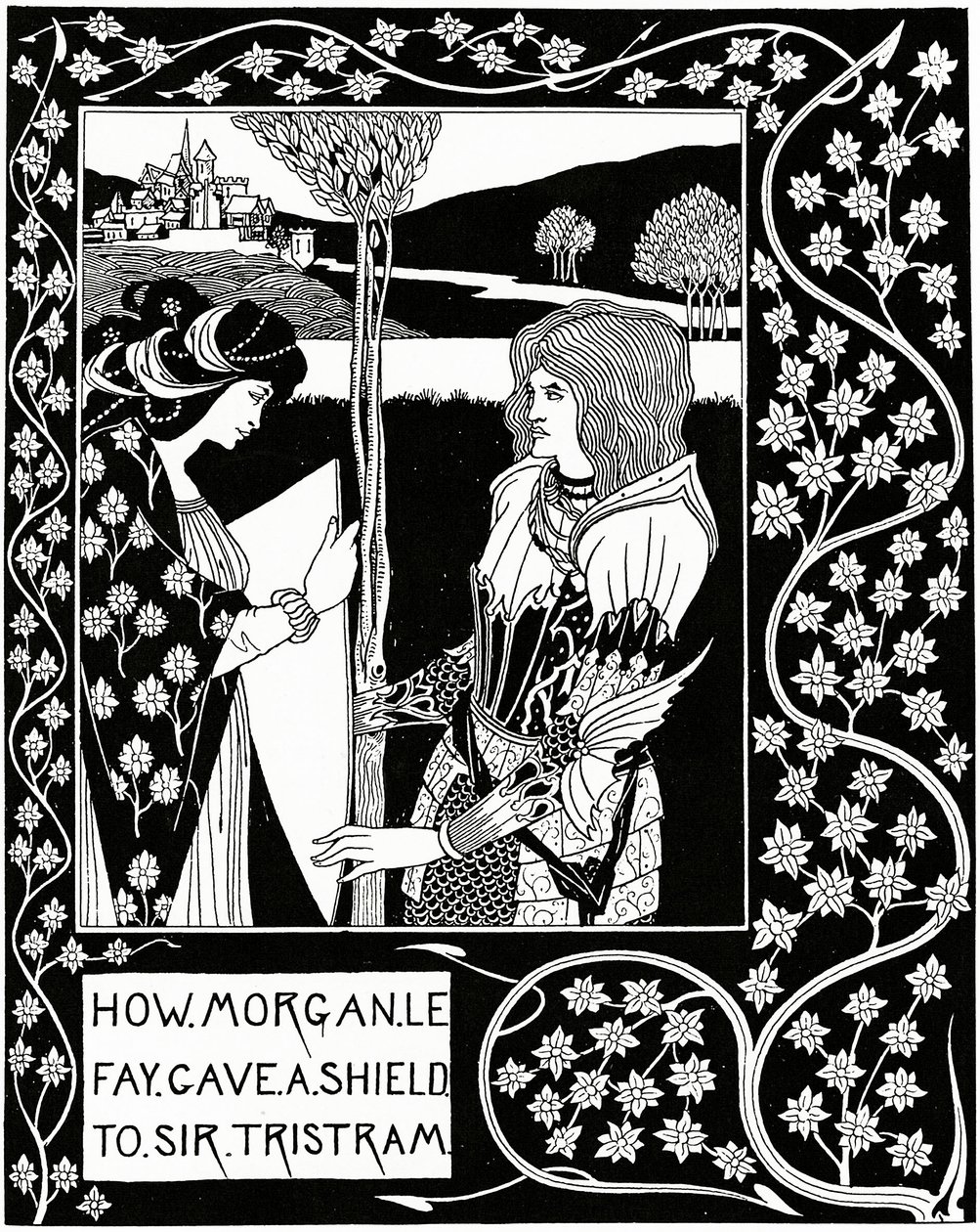 Hogyan adott Morgan le Fay pajzsot Sir Tristramnak, illusztráció Sir Thomas Malory „Le Morte d